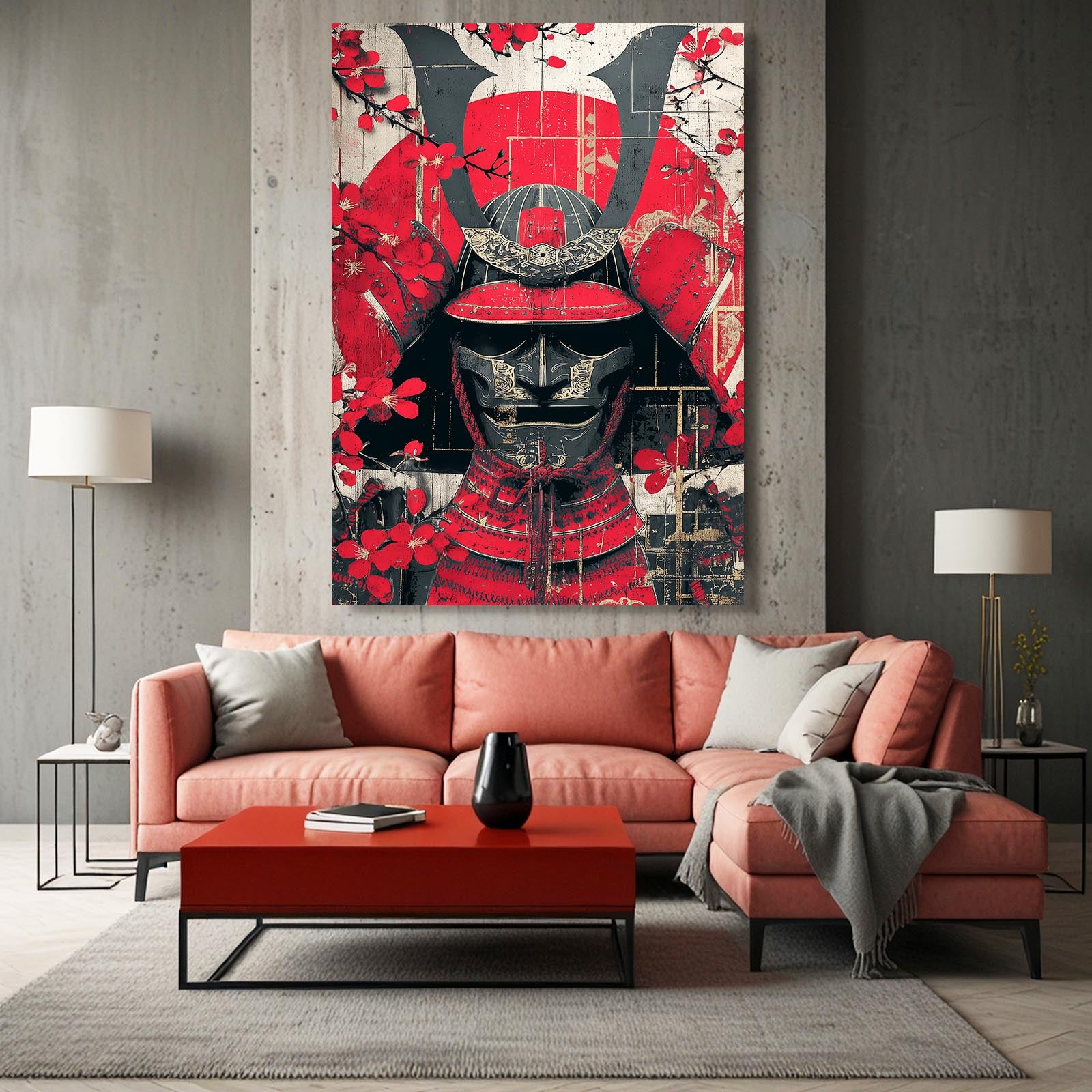 Samurai Helmet Cherry Blossom Art – styled in a furnished interior