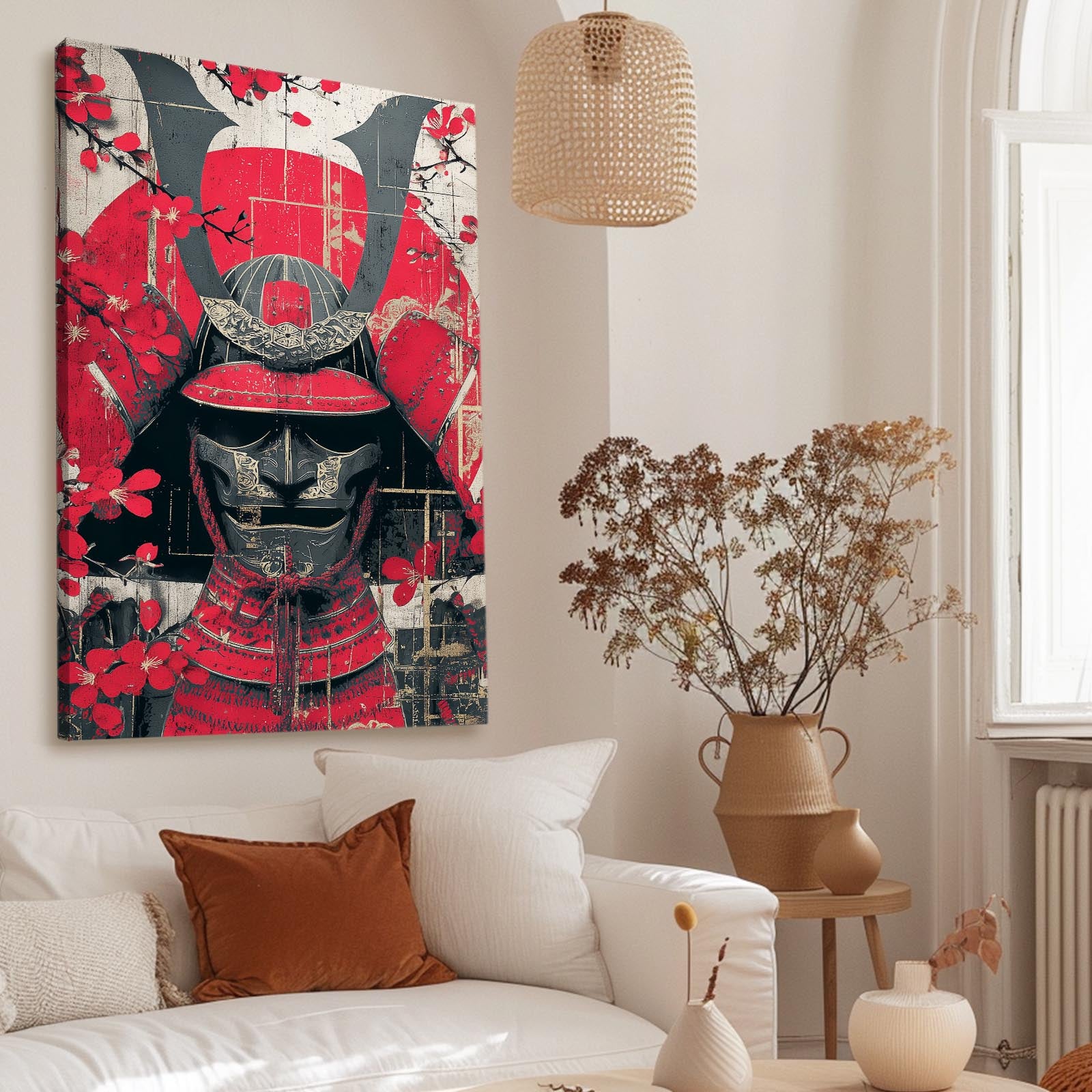 Samurai Helmet Cherry Blossom Art – styled in a furnished interior
