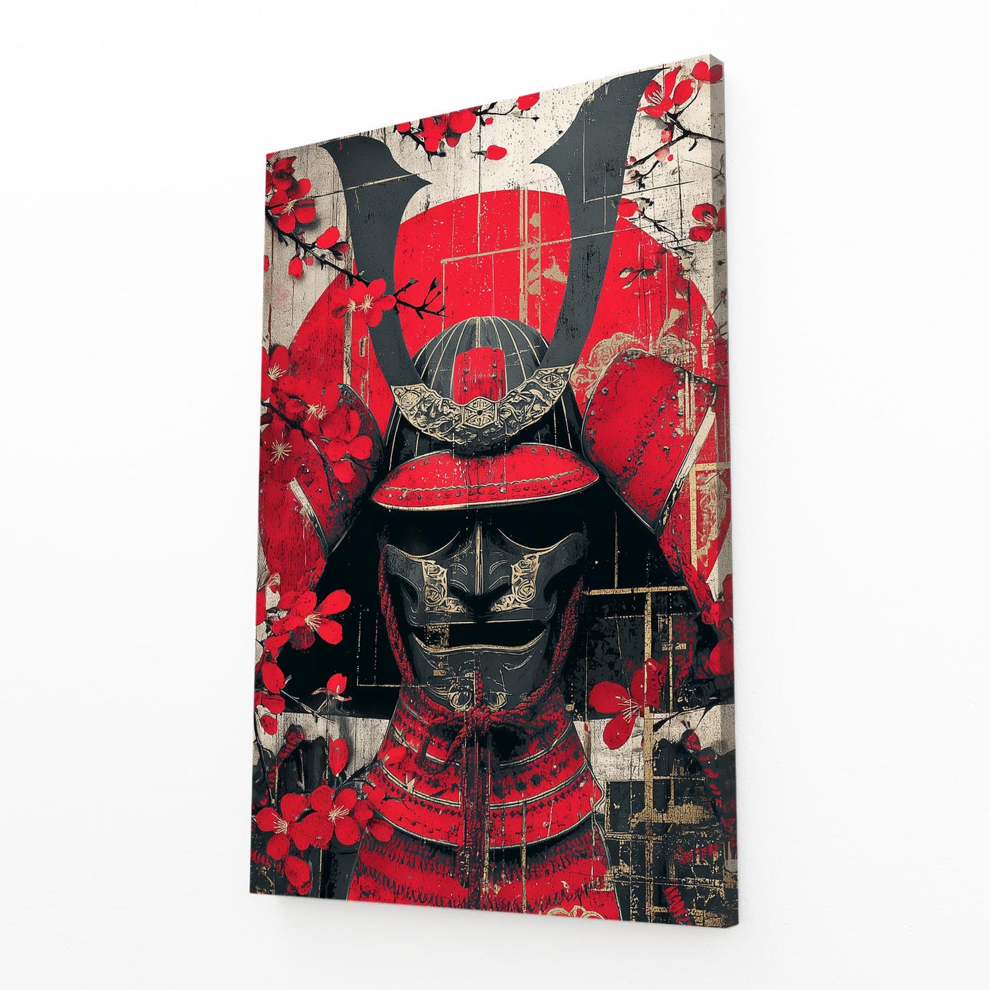 Samurai Helmet Cherry Blossom Art – angled canvas view on white background