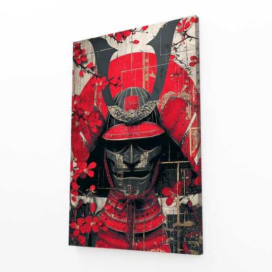 Samurai Helmet Cherry Blossom Art – angled canvas view on white background