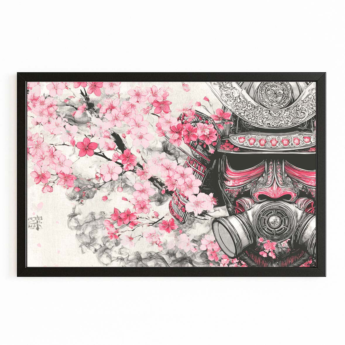 Samurai Mask Cherry Blossom Art – with Premium Black frame on white background