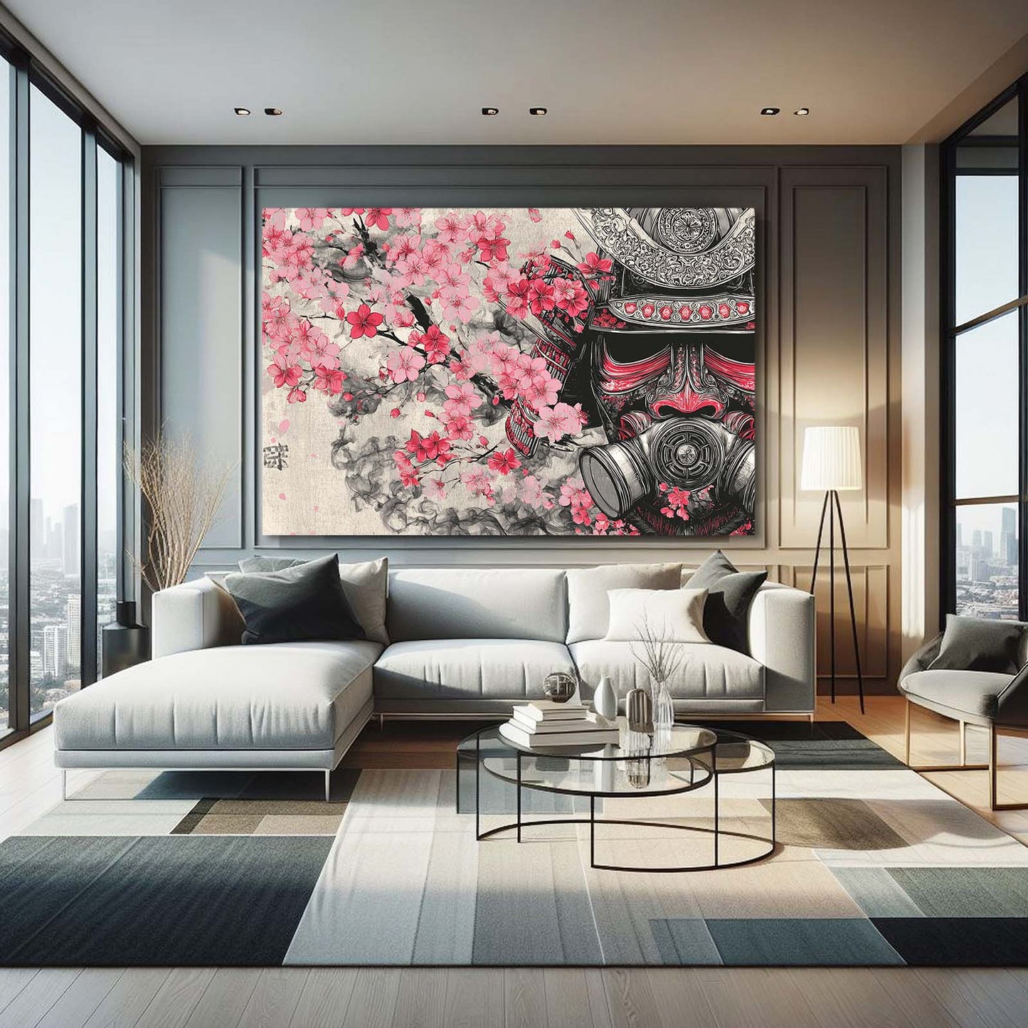 Samurai Mask Cherry Blossom Art – styled in a furnished interior