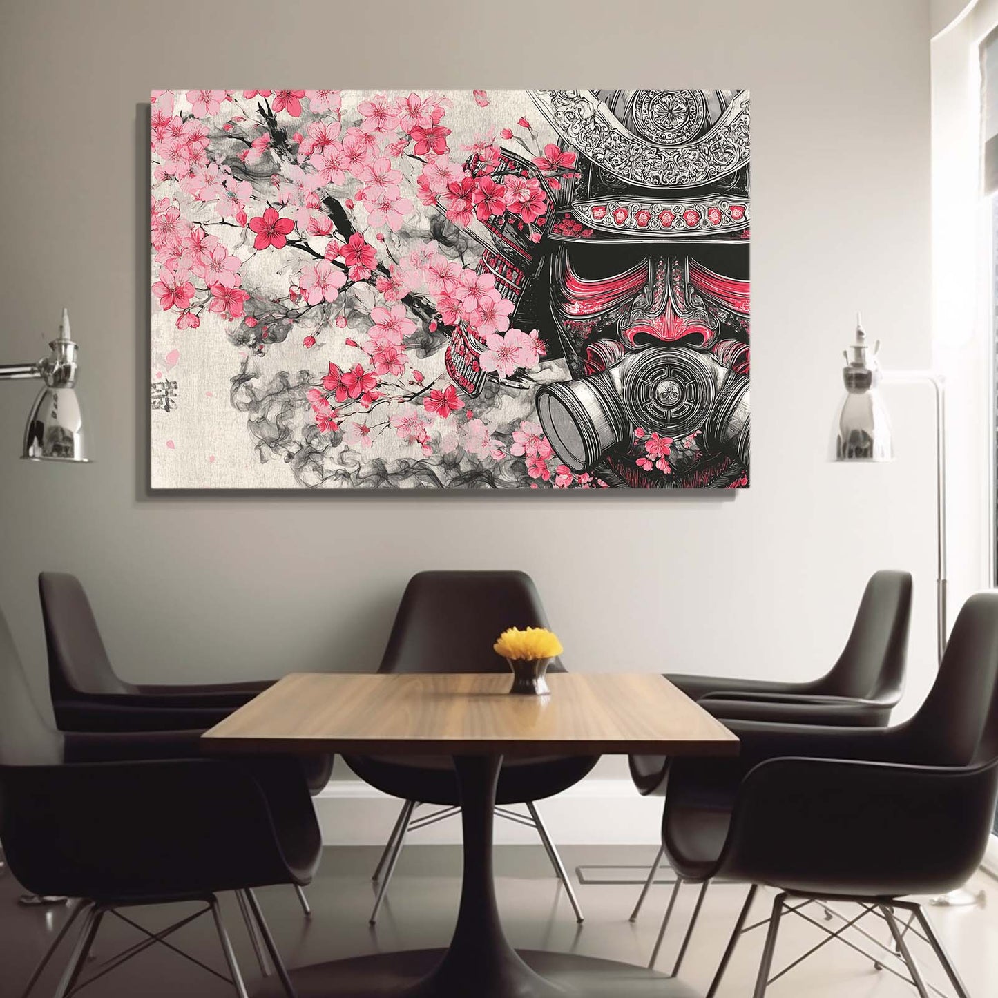 Samurai Mask Cherry Blossom Art – styled in a furnished interior