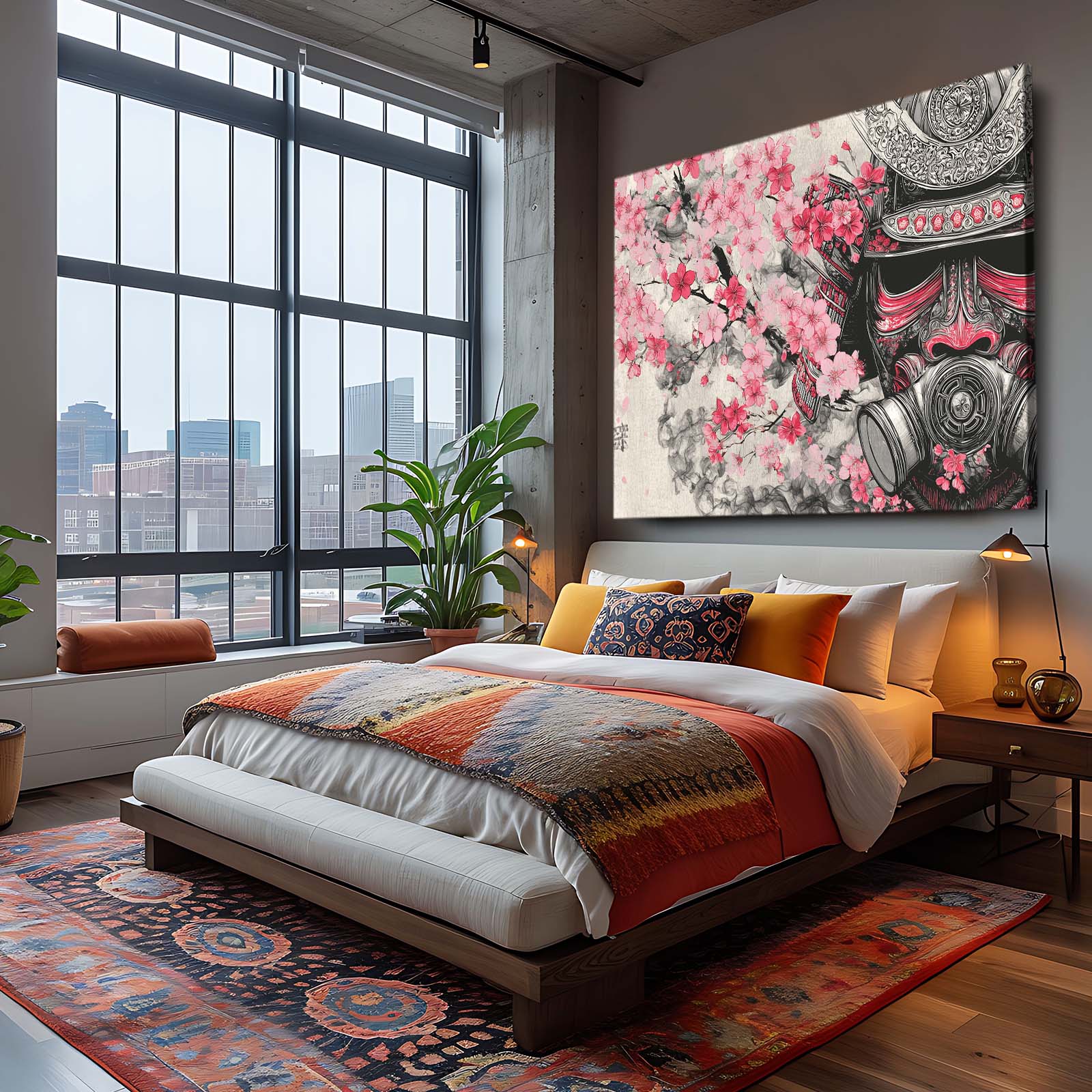 Samurai Mask Cherry Blossom Art – styled in a furnished interior