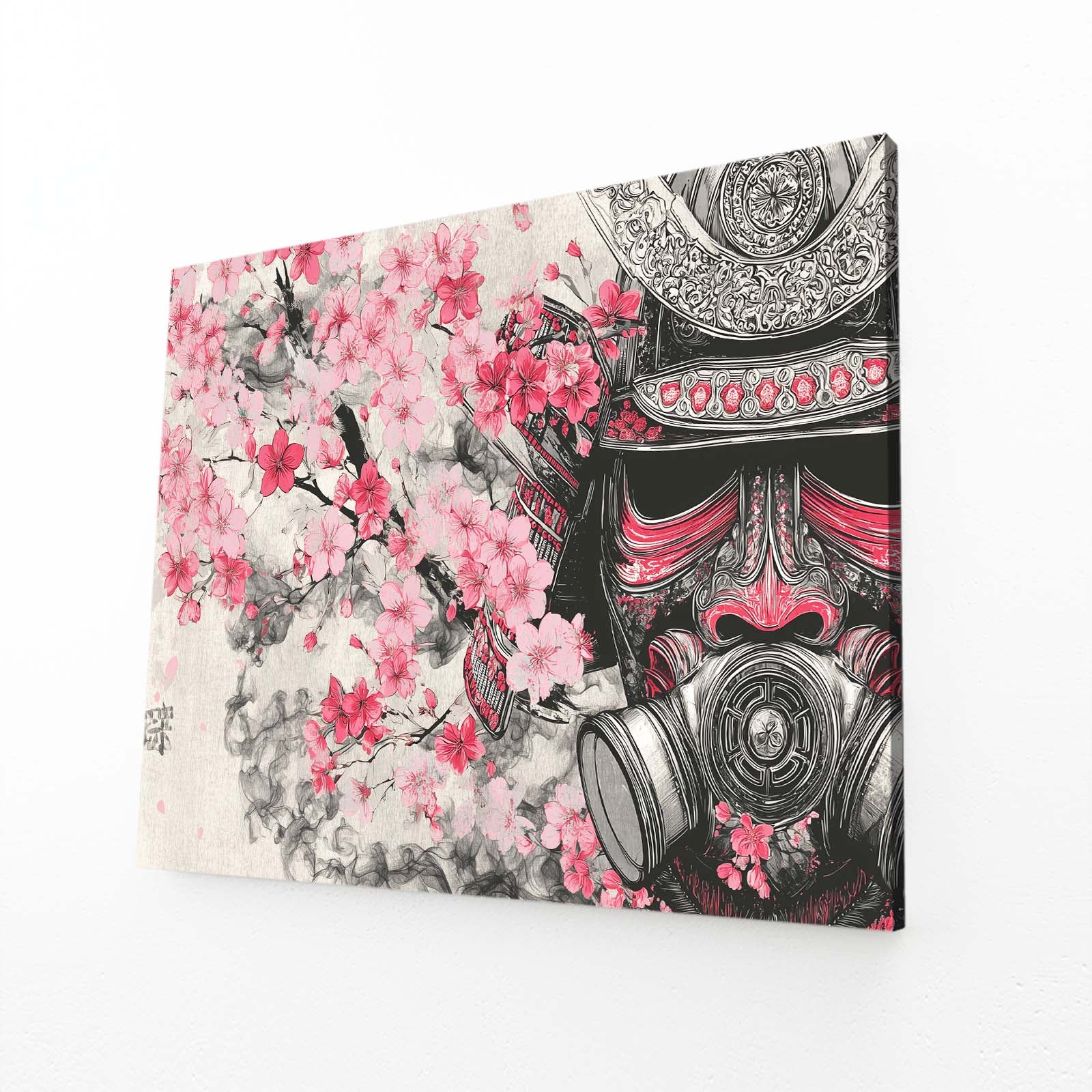 Samurai Mask Cherry Blossom Art – angled canvas view on white background