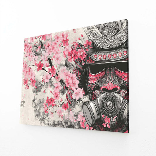 Samurai Mask Cherry Blossom Art – angled canvas view on white background