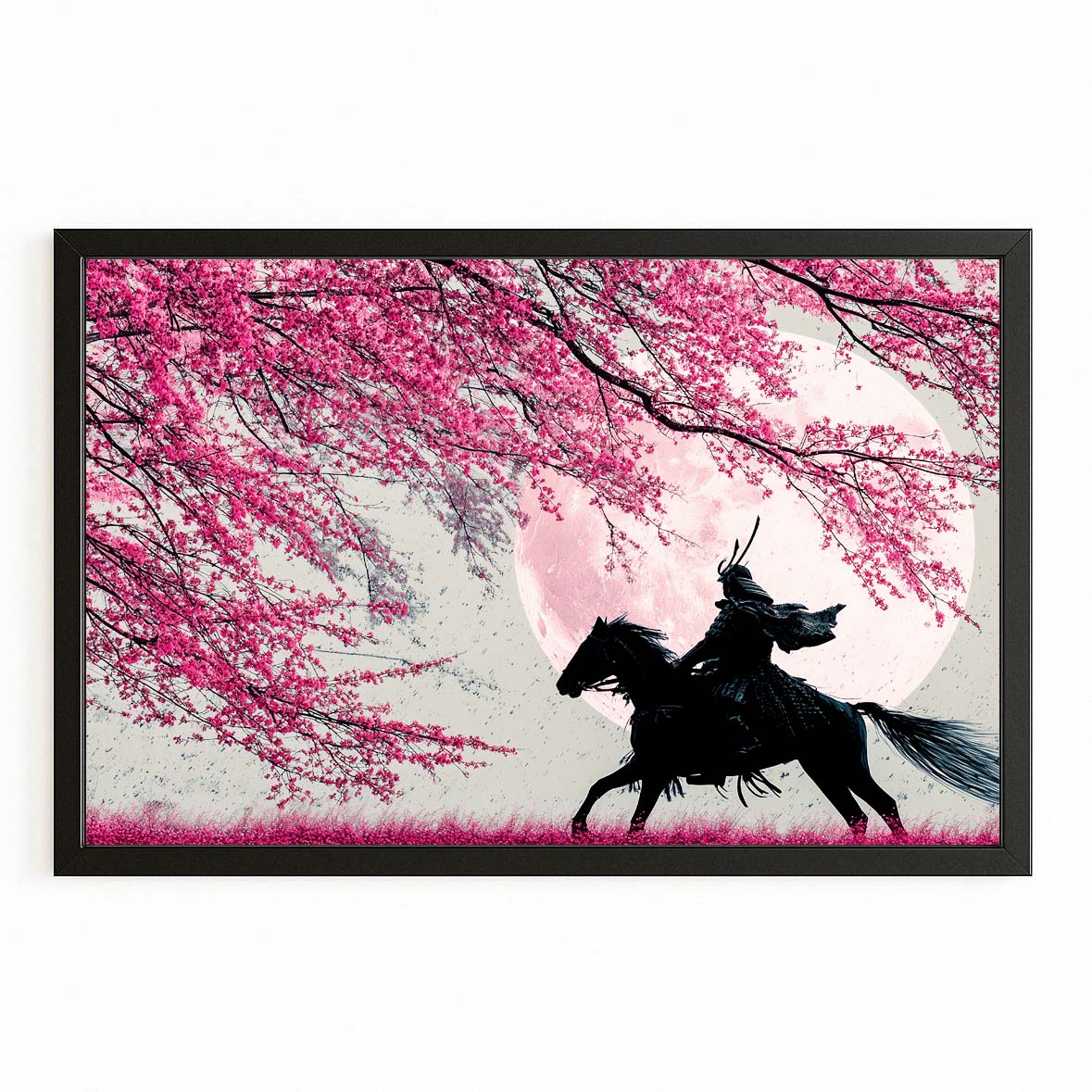 Samurai Rider Cherry Blossom Canvas Art – with Premium Black frame on white background