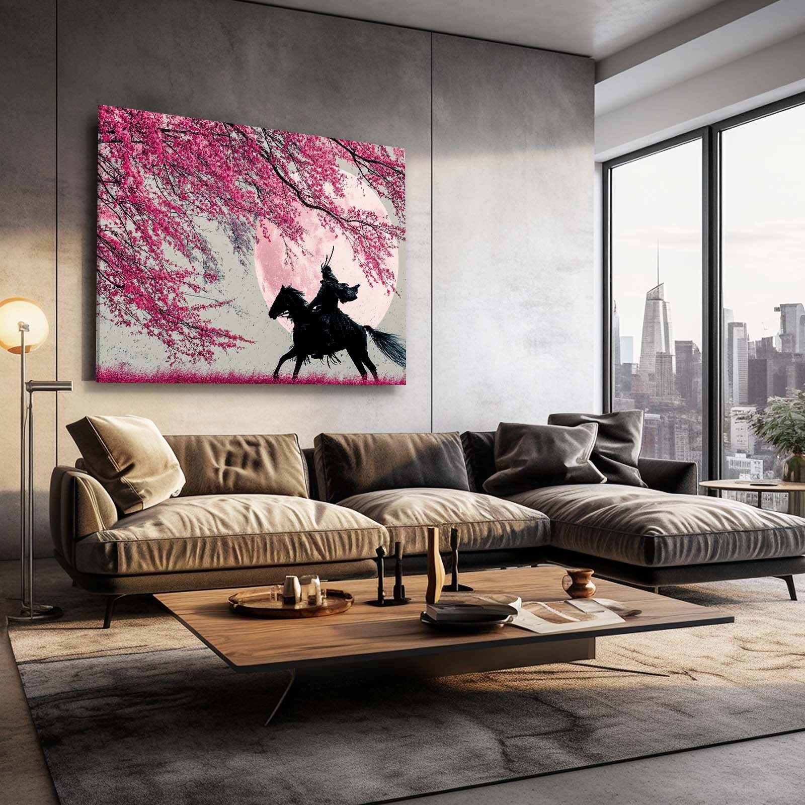 Samurai Rider Cherry Blossom Canvas Art – styled in a furnished interior