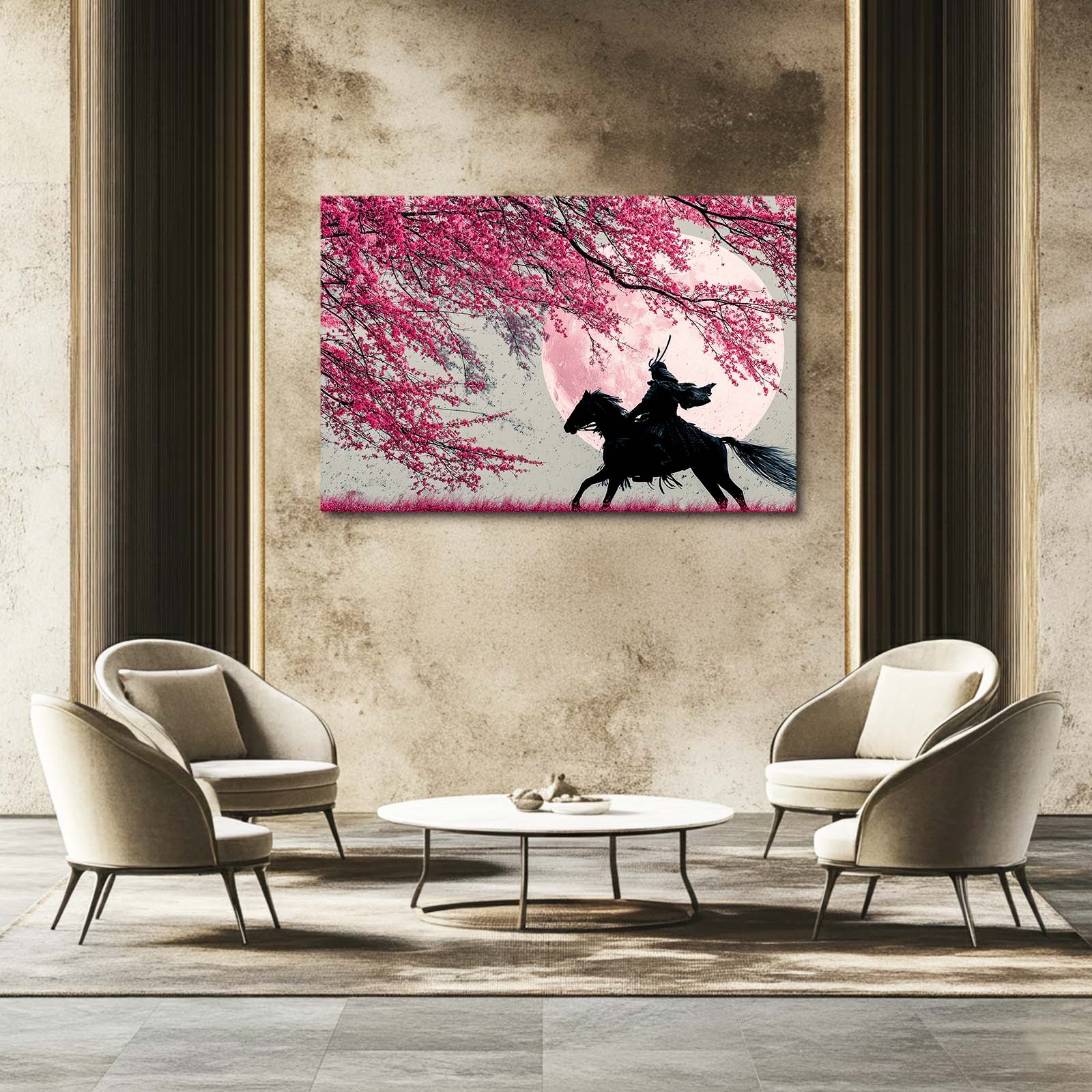 Samurai Rider Cherry Blossom Canvas Art – styled in a furnished interior