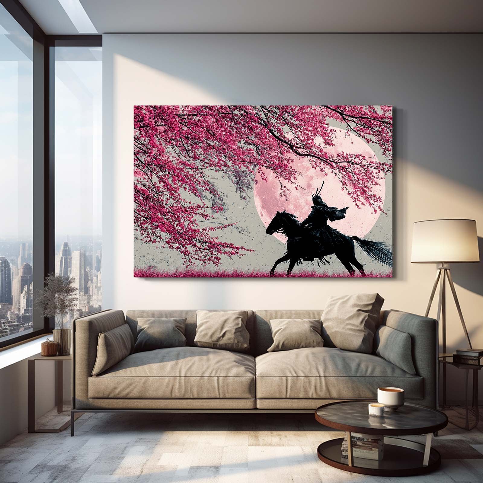 Samurai Rider Cherry Blossom Canvas Art – styled in a furnished interior