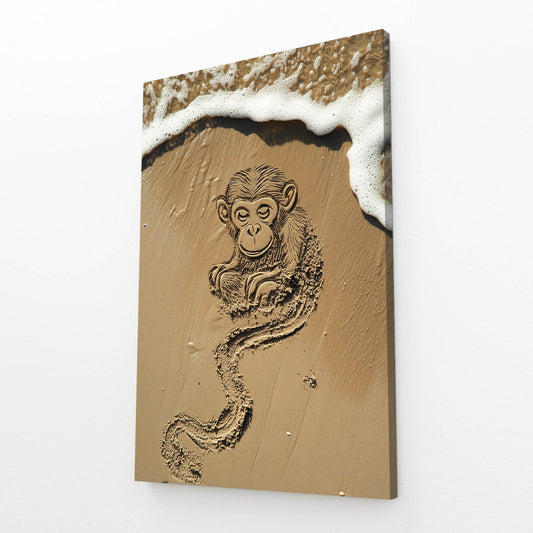 Sand Drawn Outline Monkey Wall Art – angled canvas view on white background