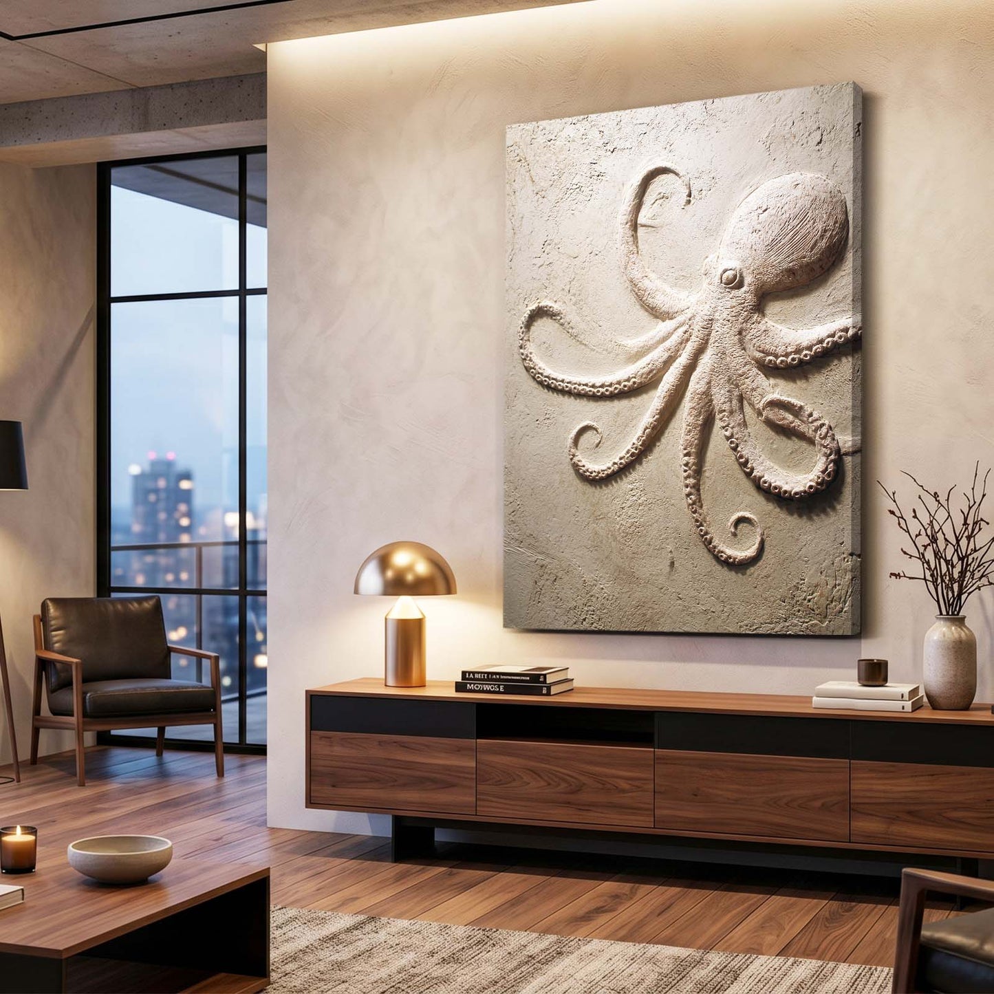Sand Relief Octopus Wall Decor – styled in a furnished interior