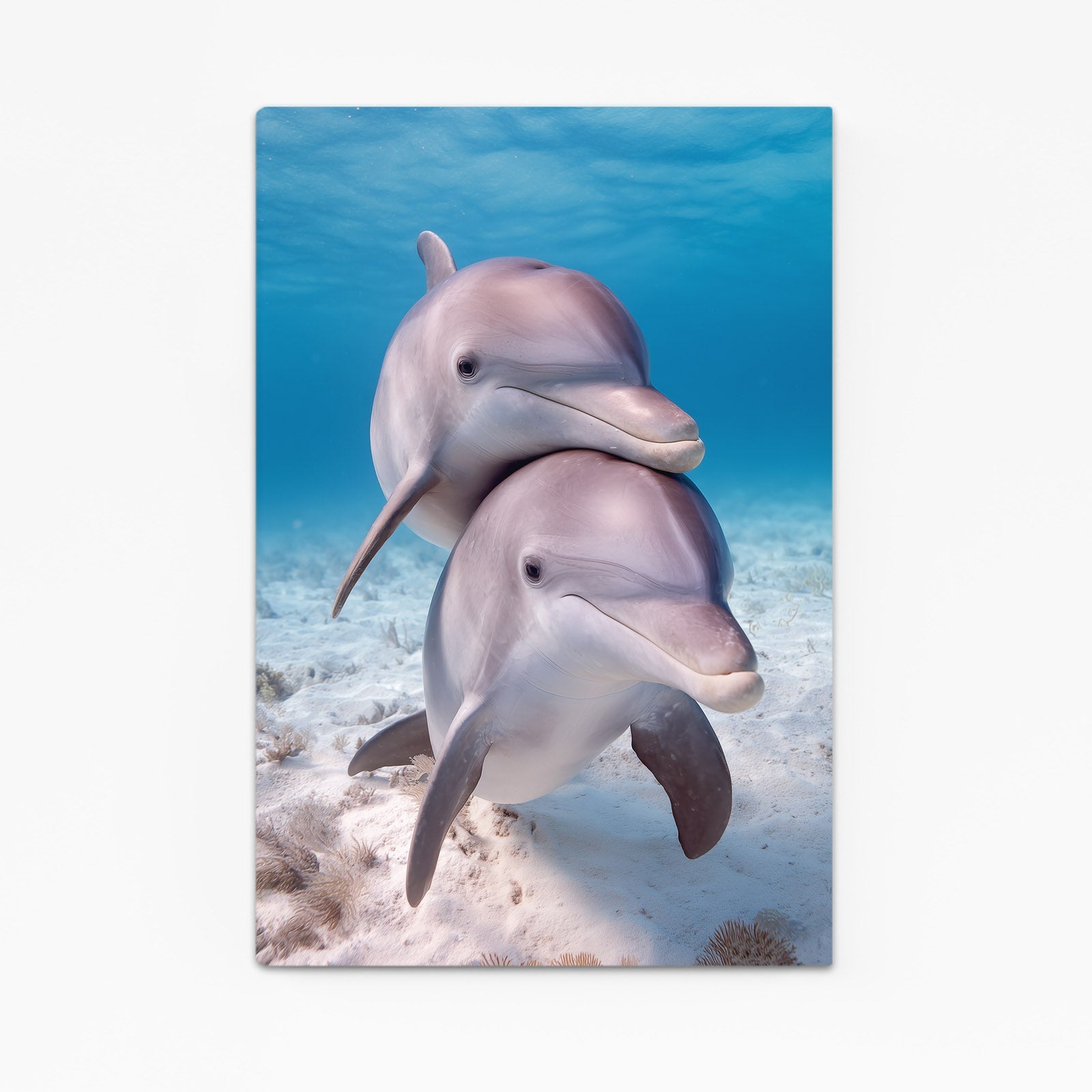 Sandy Shallows Dolphin Print – two curious dolphins swimming toward the viewer over rippled sandy shallows