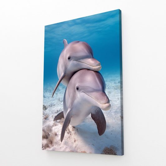 Sandy Shallows Dolphin Print – angled canvas view on white background