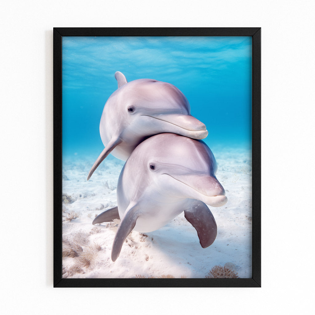 Sandy Shallows Dolphin Print – with Premium Black wood frame on white background