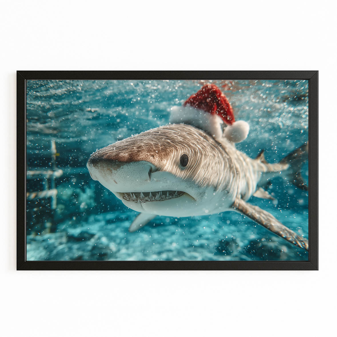 Santa Hat Christmas Shark Prints – with Premium Black frame on white background