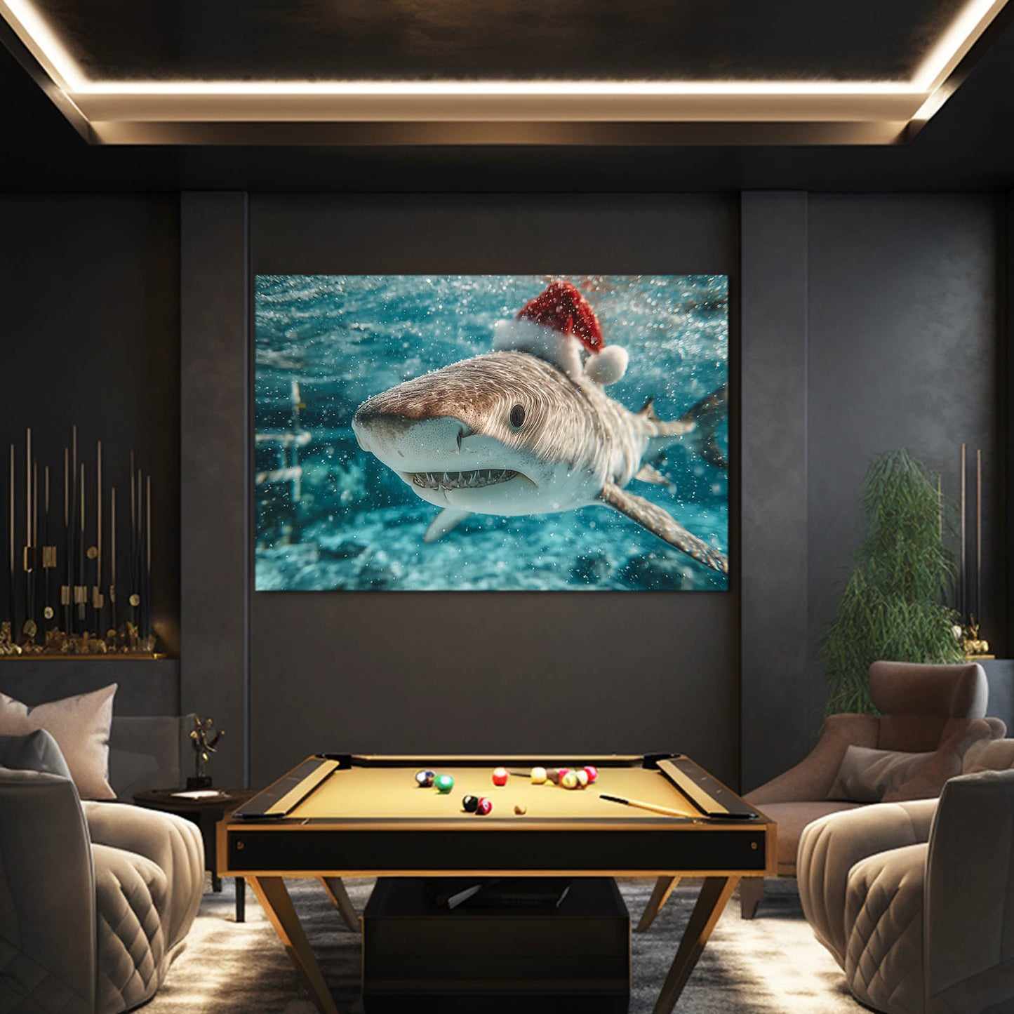 Santa Hat Christmas Shark Prints – styled in a furnished interior