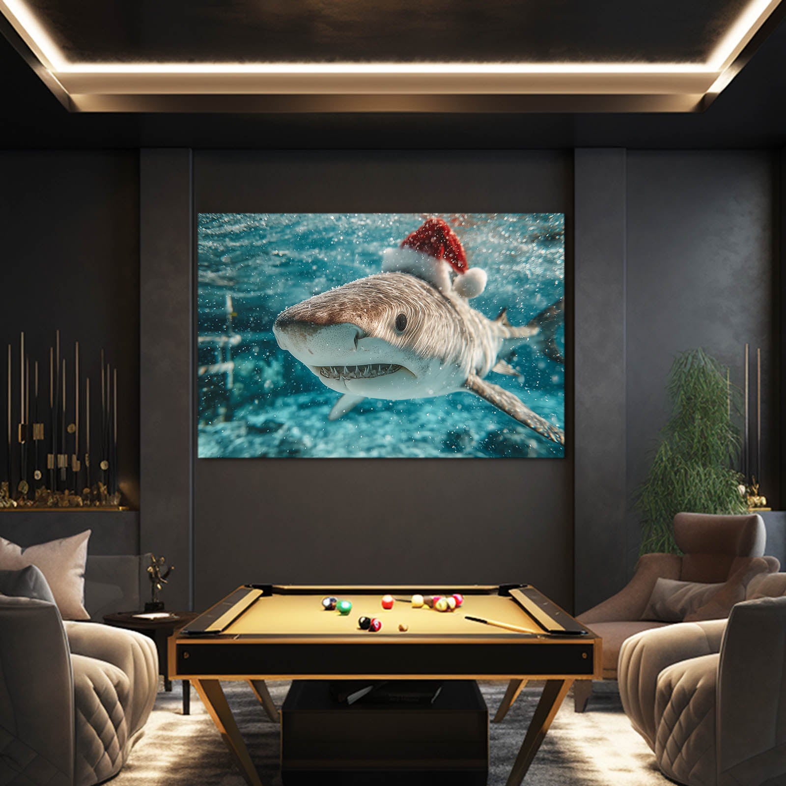 Santa Hat Christmas Shark Prints – styled in a furnished interior