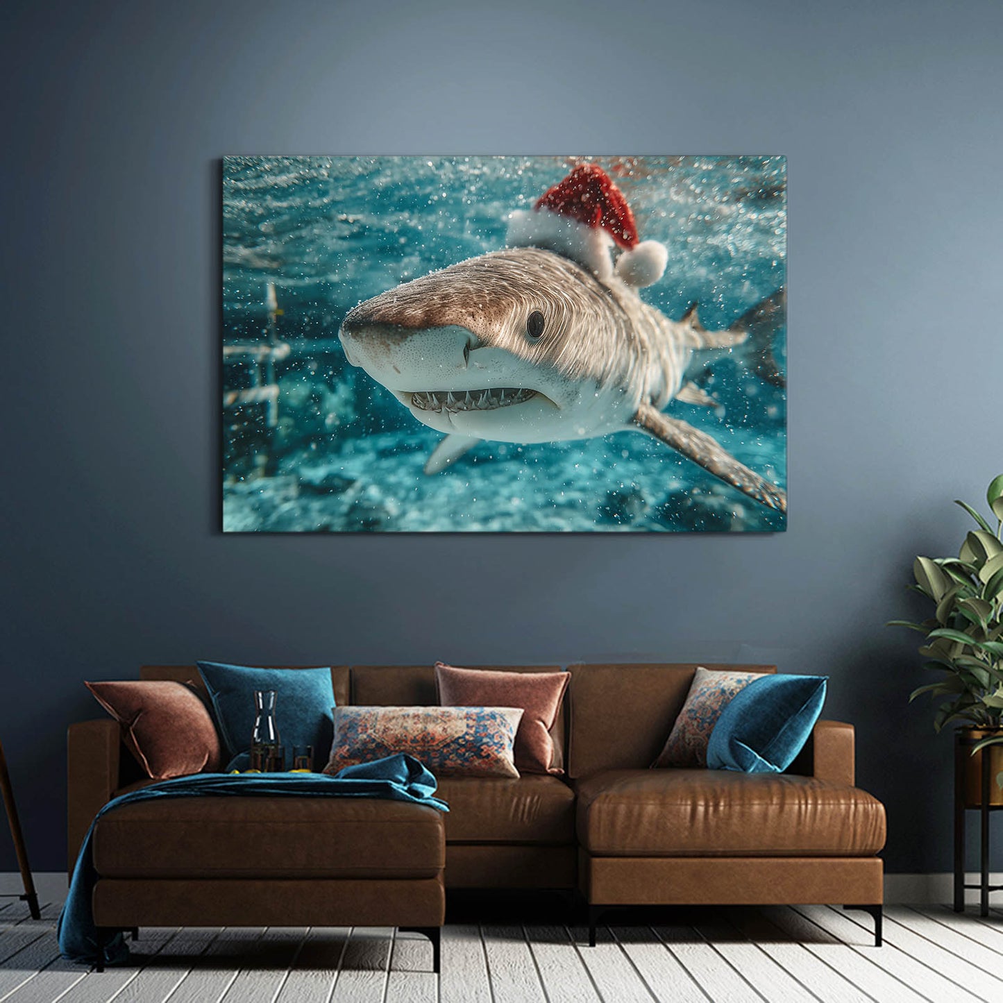 Santa Hat Christmas Shark Prints – styled in a furnished interior