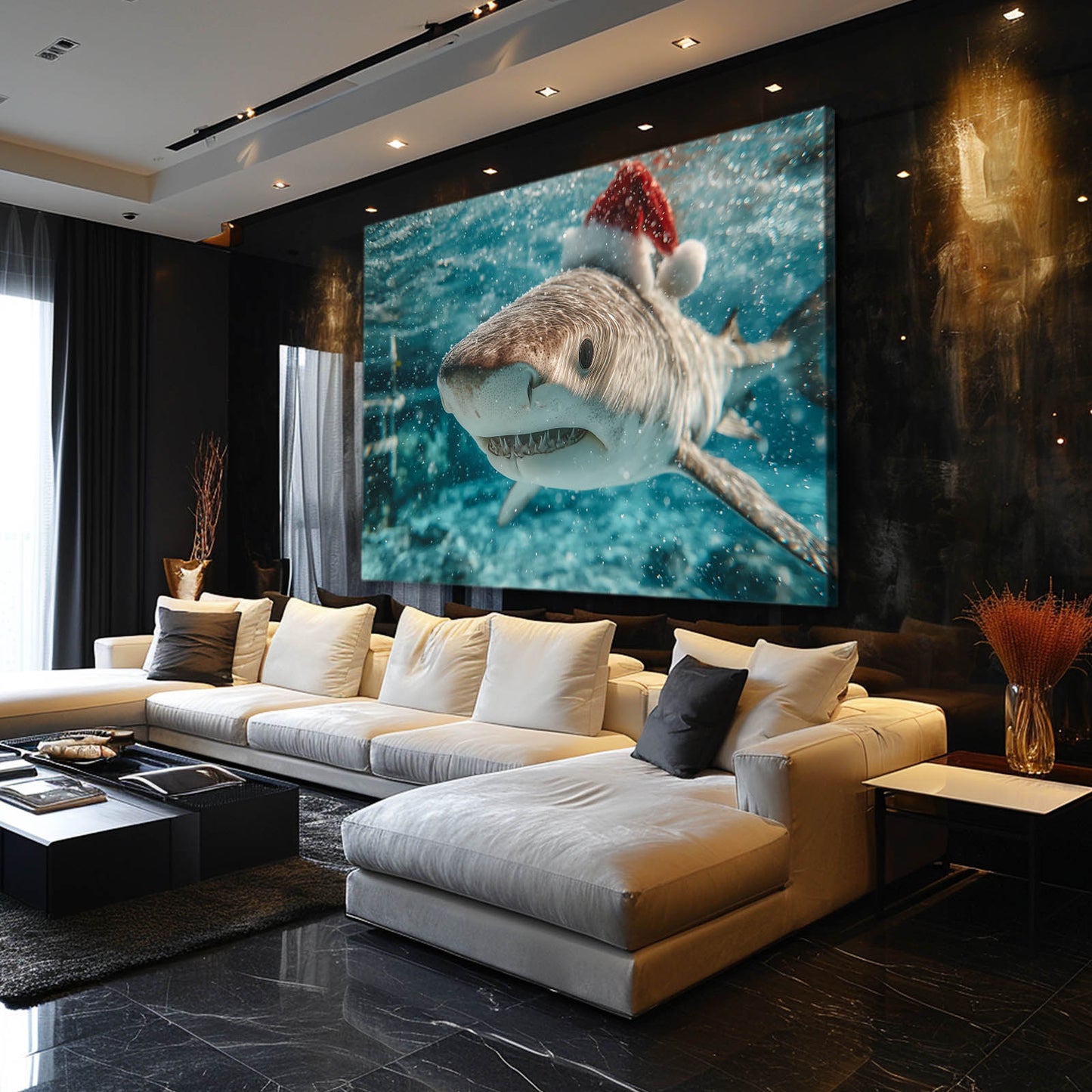 Santa Hat Christmas Shark Prints – styled in a furnished interior
