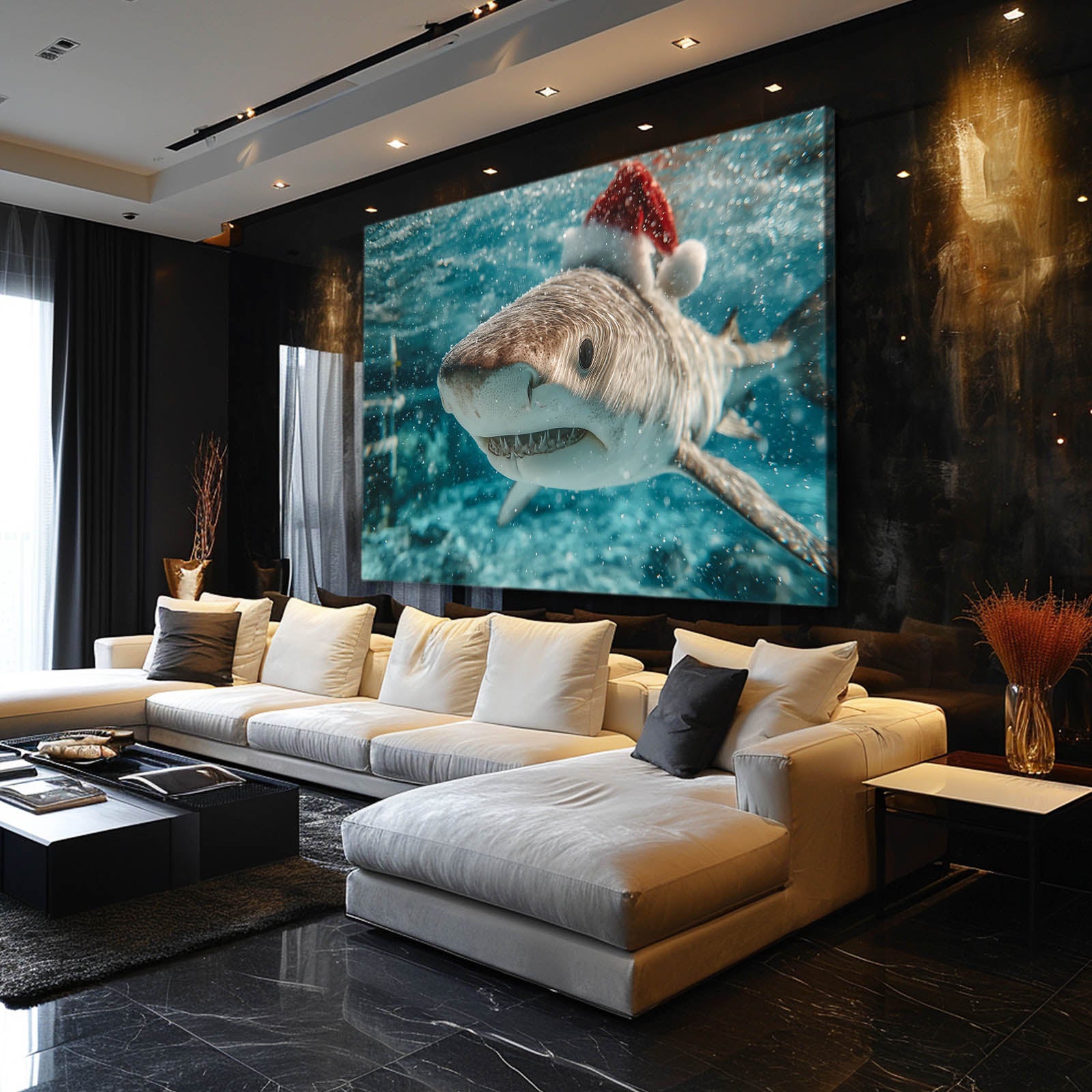 Santa Hat Christmas Shark Prints – styled in a furnished interior
