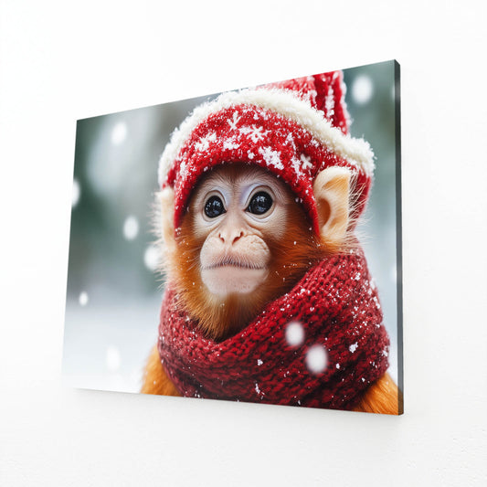 Santa Hat Snow Monkey Wall Art – angled canvas view on white background
