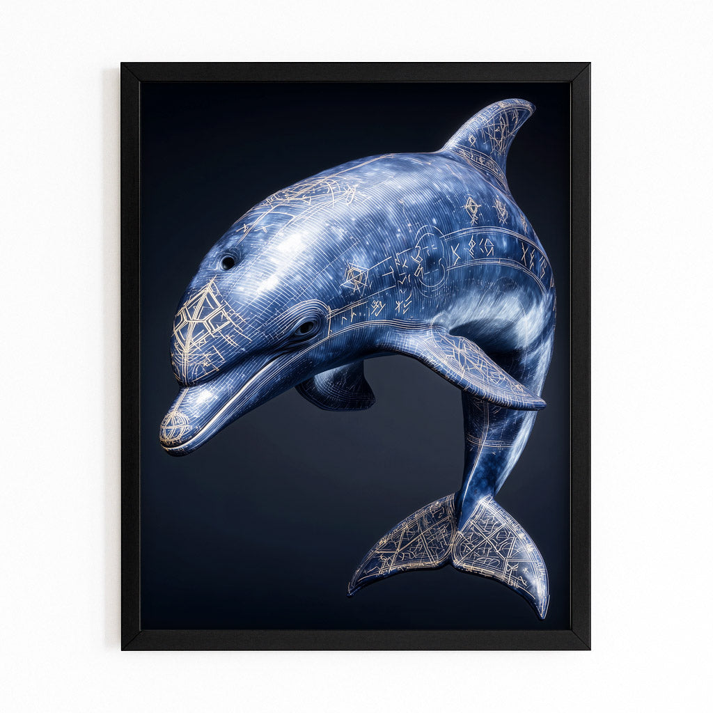 Sapphire Crystal Dolphin Art – dolphin portrait appearing cut from glittering sapphire crystal on black