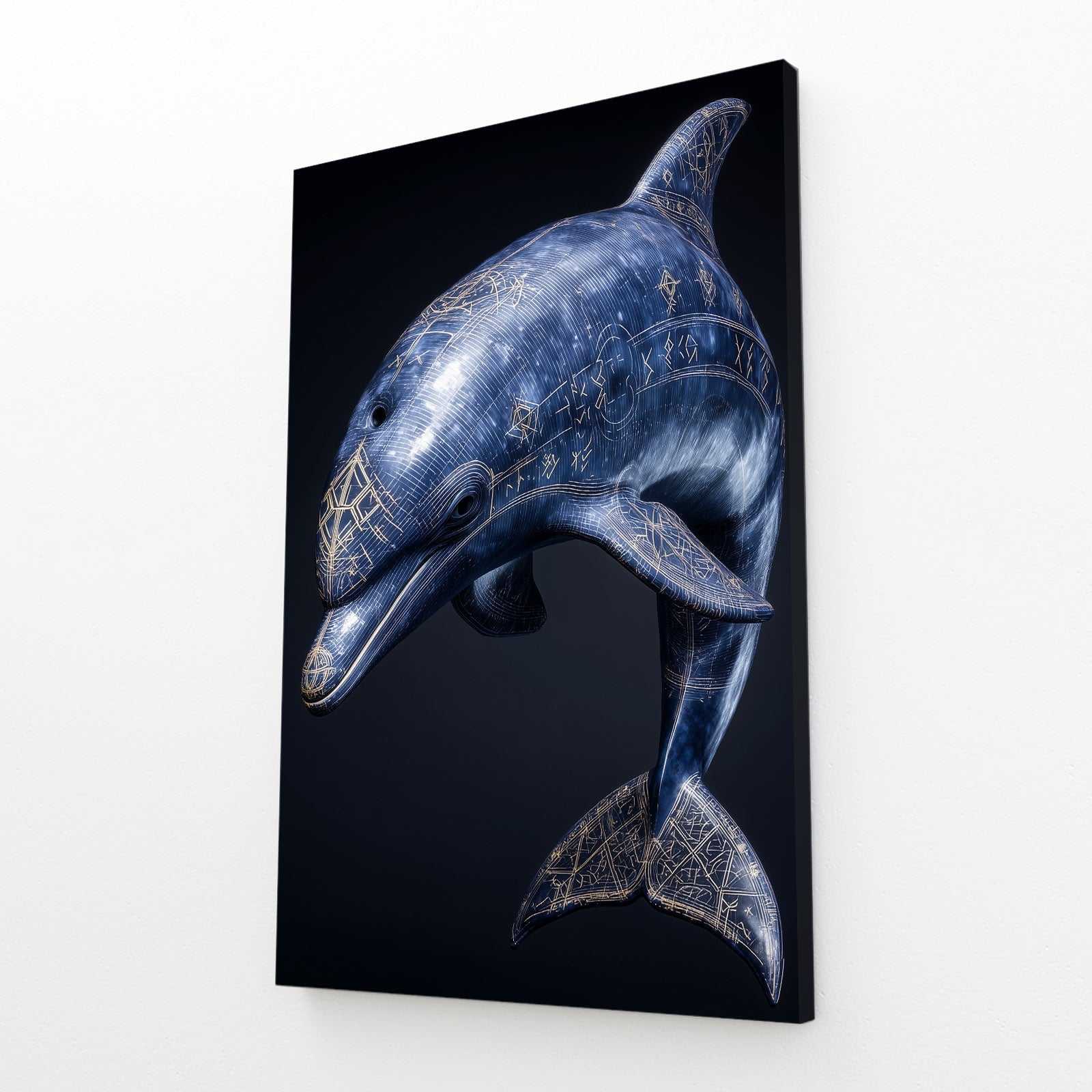 Sapphire Crystal Dolphin Art – angled canvas view on white background