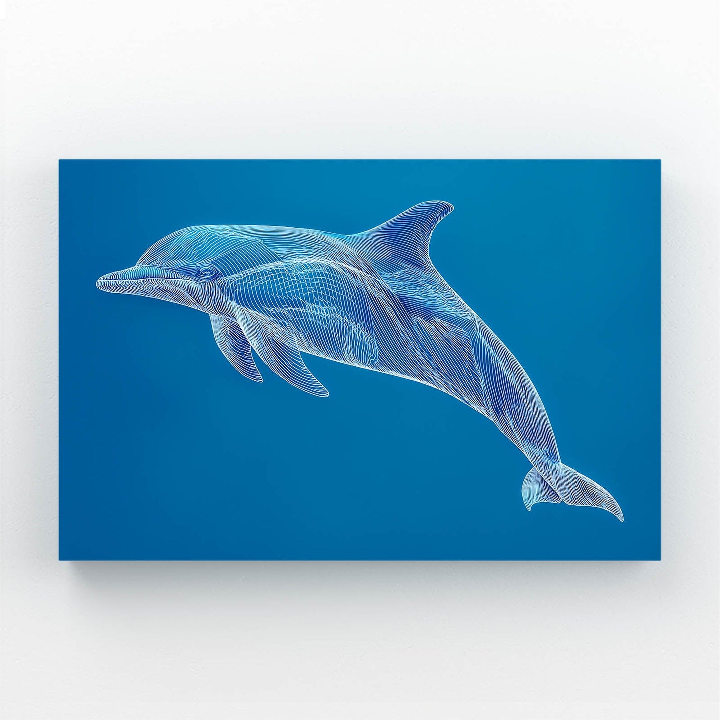 Sapphire Line Dolphin Art – white etched line-art dolphin leaping across a deep sapphire blue field