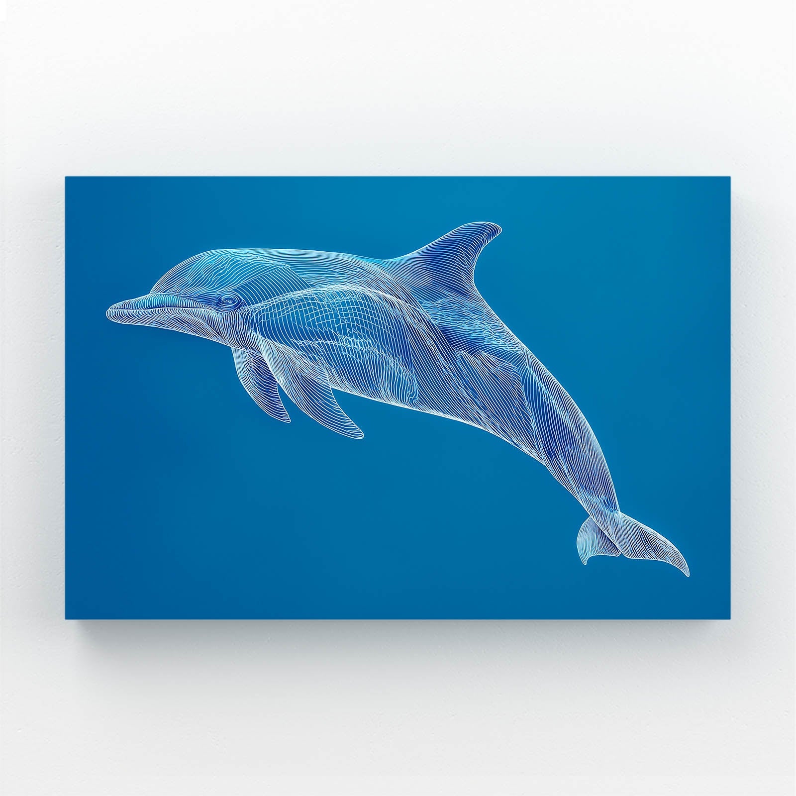 Sapphire Line Dolphin Art – white etched line-art dolphin leaping across a deep sapphire blue field