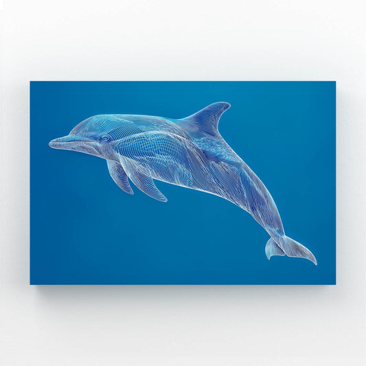 Sapphire Line Dolphin Art – white etched line-art dolphin leaping across a deep sapphire blue field