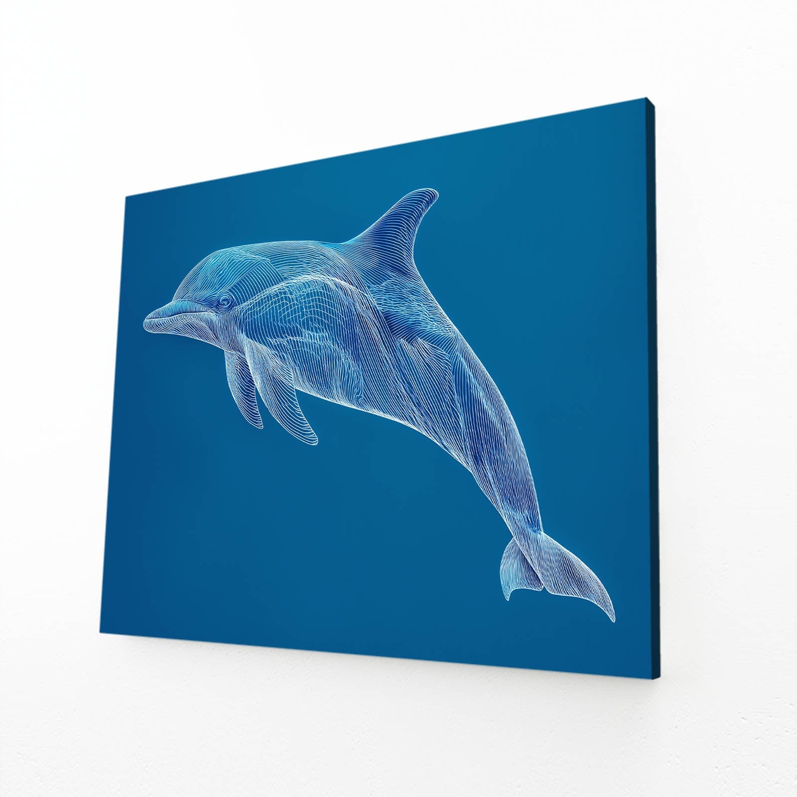 Sapphire Line Dolphin Art – angled canvas view on white background