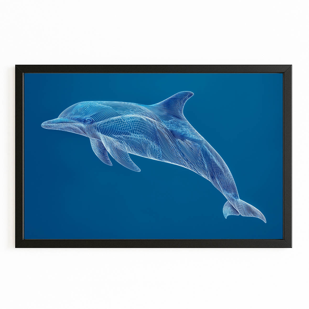 Sapphire Line Dolphin Art – with Premium Black wood frame on white background