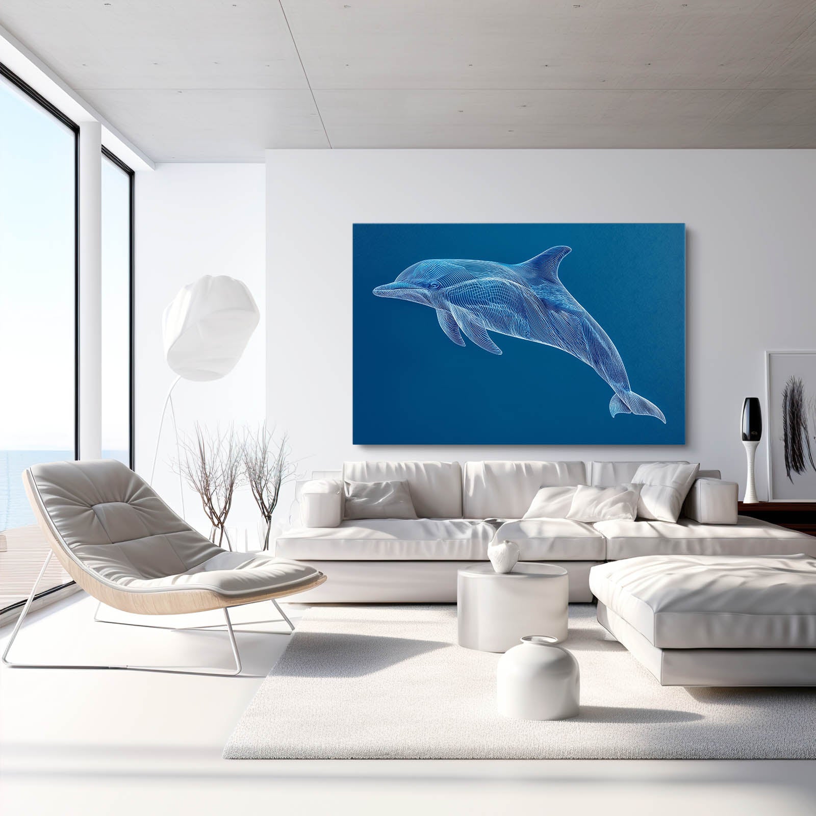 Sapphire Line Dolphin Art – styled in a furnished interior