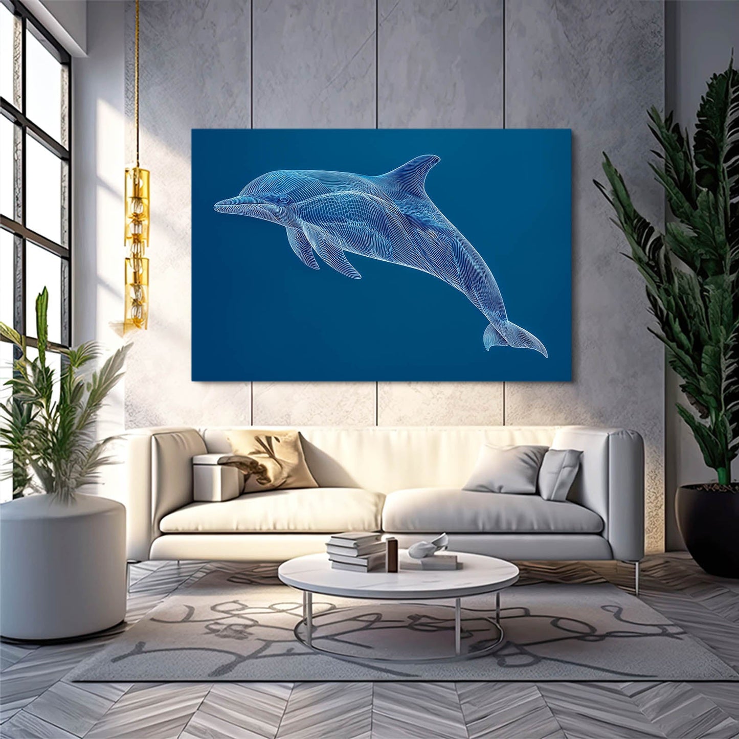 Sapphire Line Dolphin Art – styled in a furnished interior