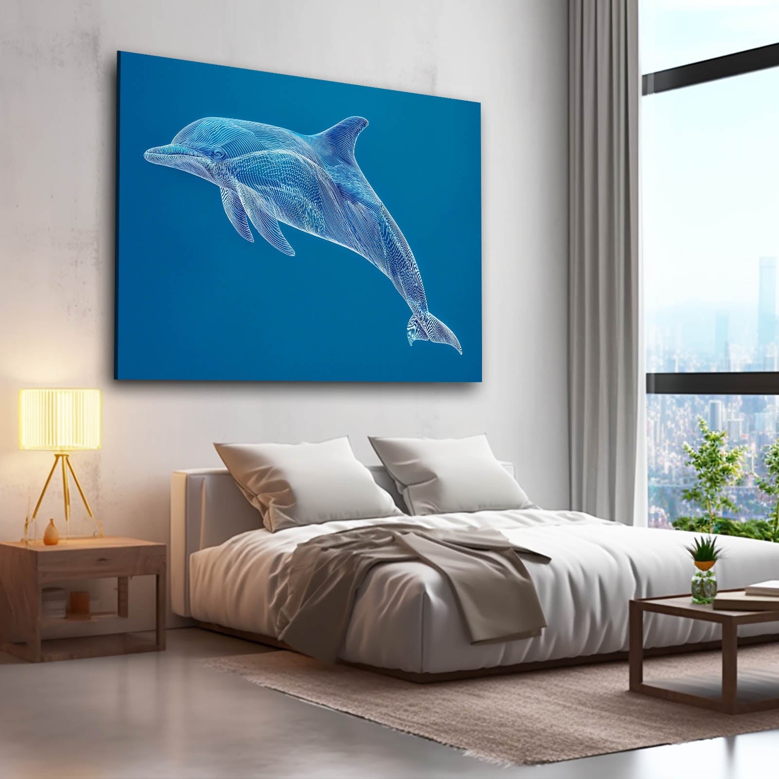 Sapphire Line Dolphin Art – styled in a furnished interior