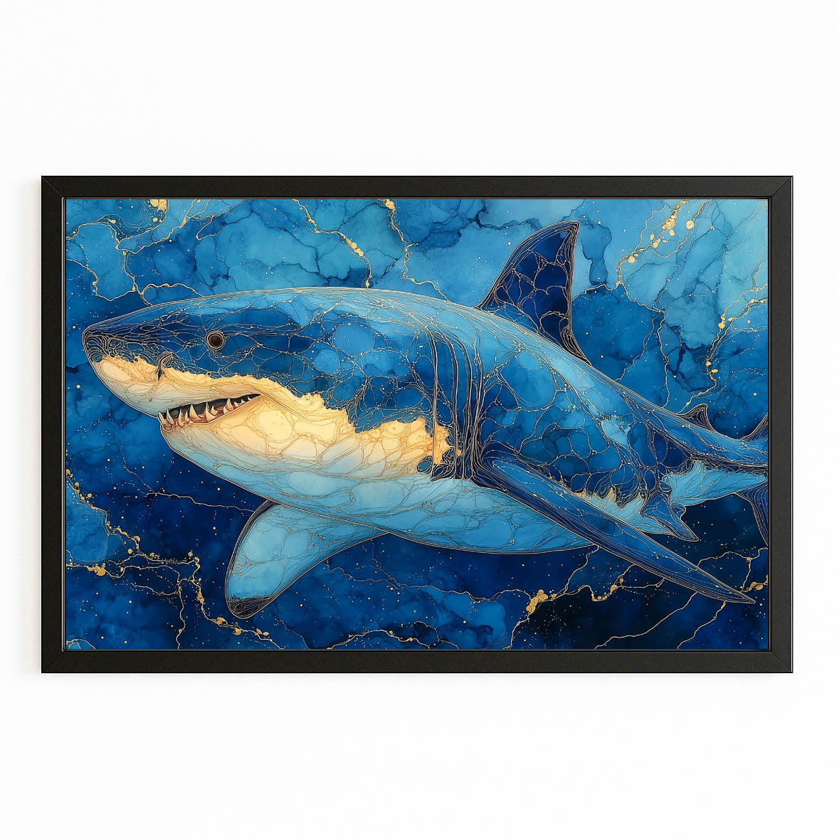 Sapphire Marble Shark Art – with Premium Black frame on white background