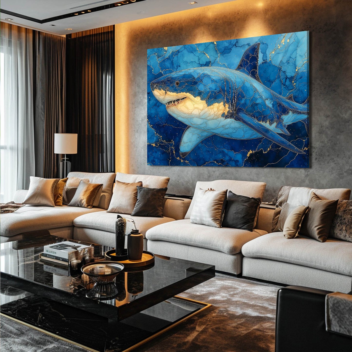 Sapphire Marble Shark Art – styled in a furnished interior