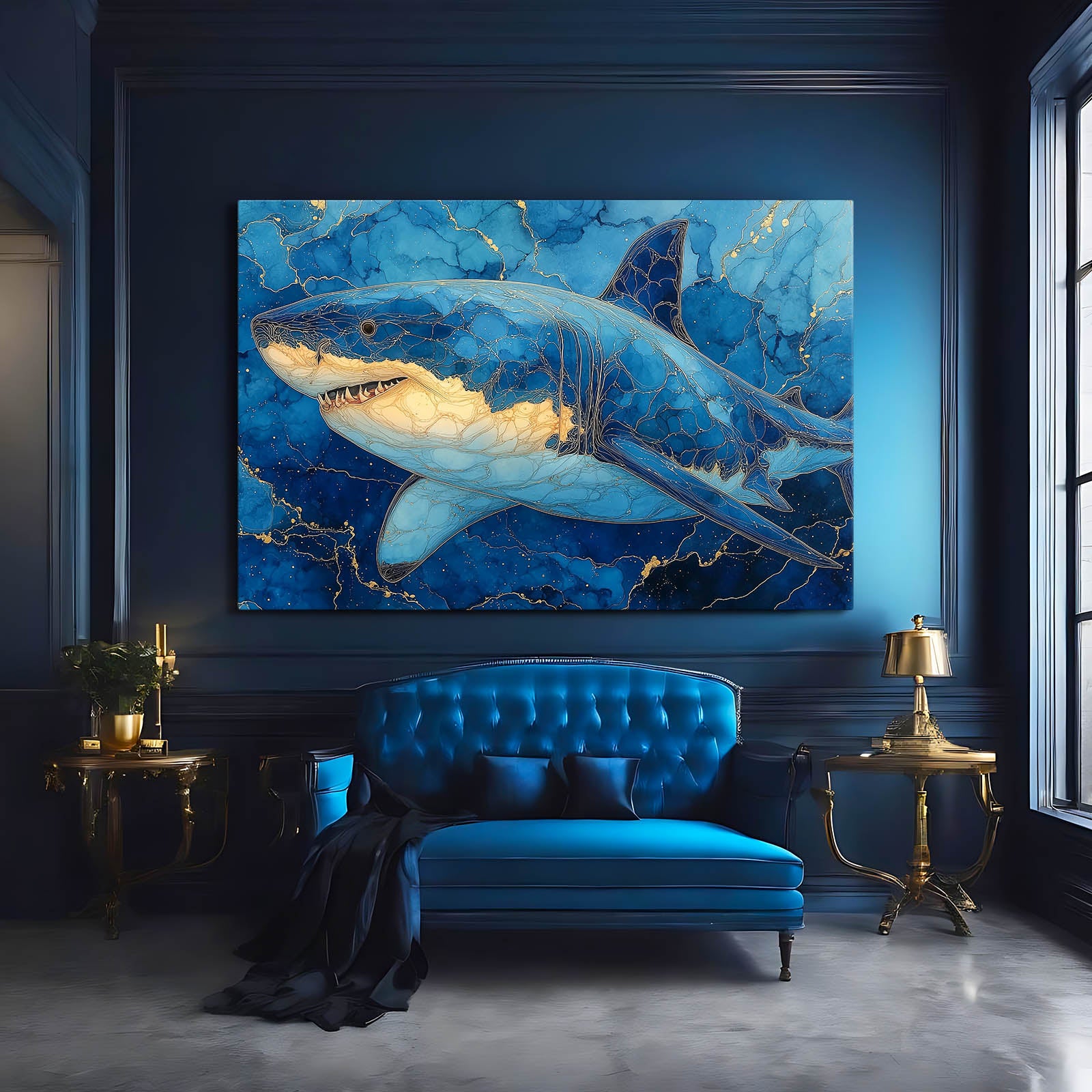Sapphire Marble Shark Art – styled in a furnished interior