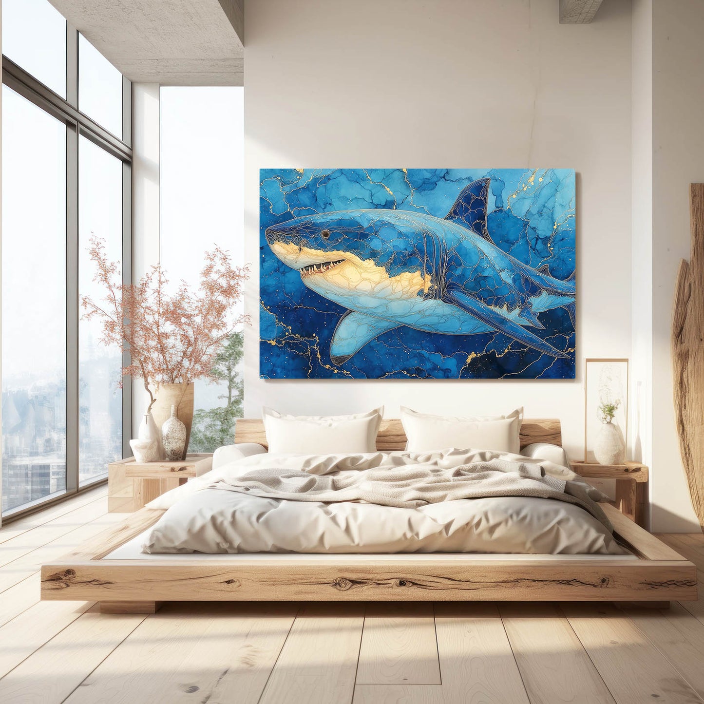 Sapphire Marble Shark Art – styled in a furnished interior