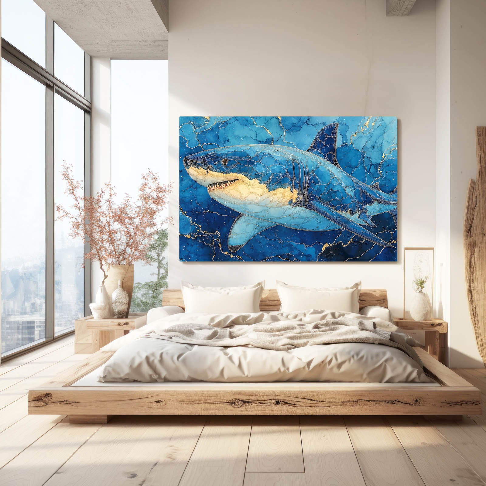 Sapphire Marble Shark Art – styled in a furnished interior