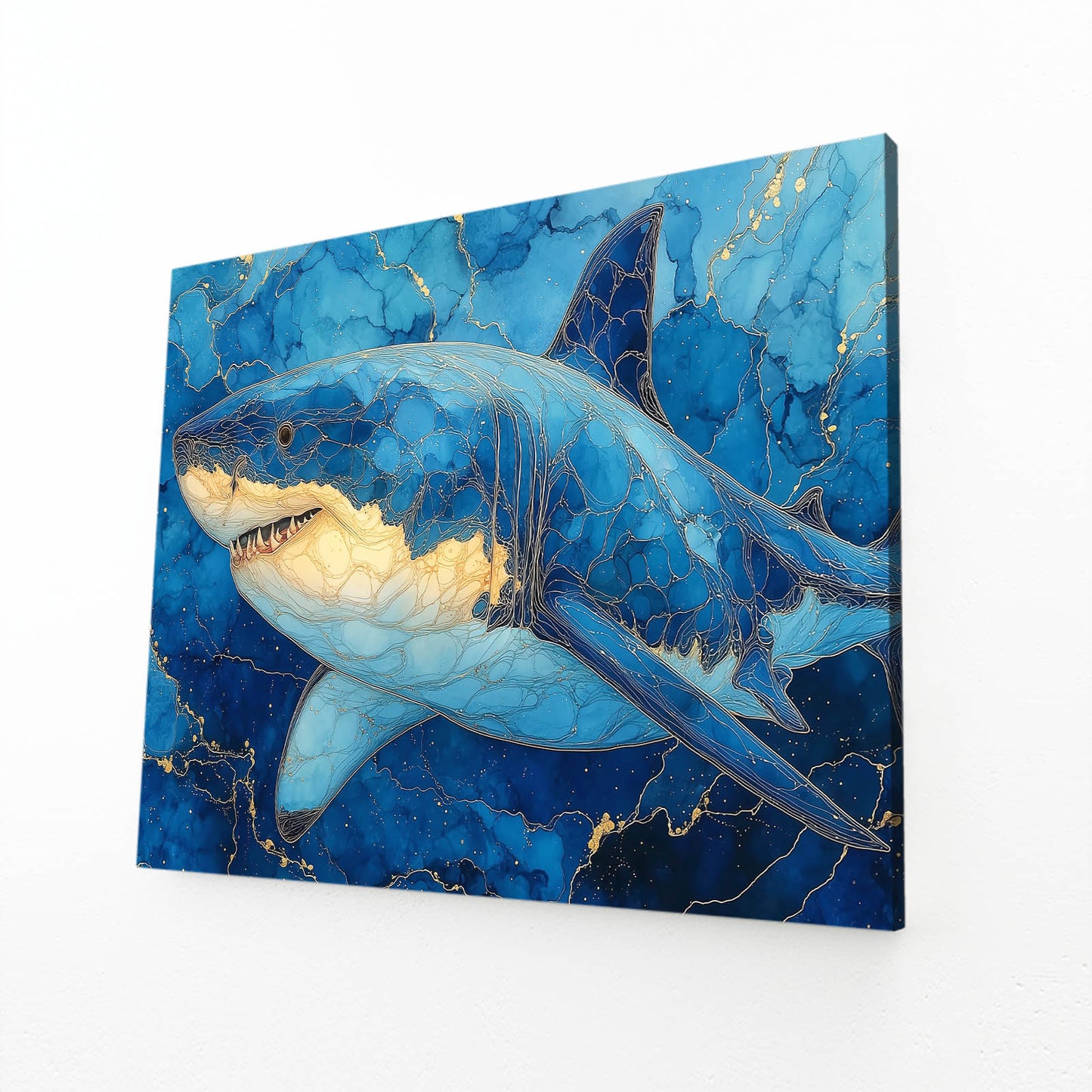 Sapphire Marble Shark Art – angled canvas view on white background