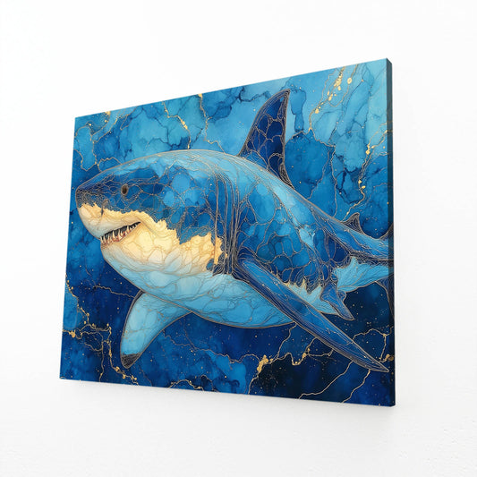 Sapphire Marble Shark Art – angled canvas view on white background
