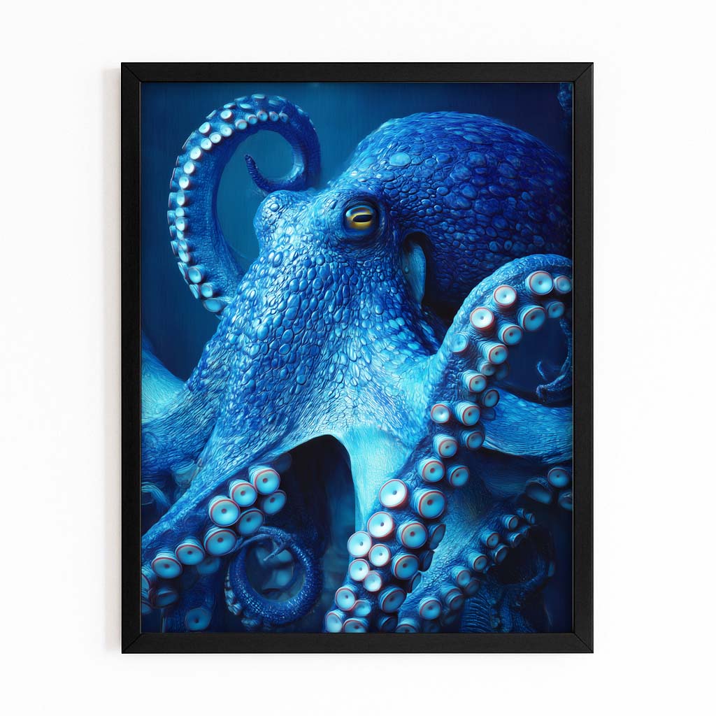 Sapphire Reef Gaze Octopus Wall Decor – with Premium Black frame on white background
