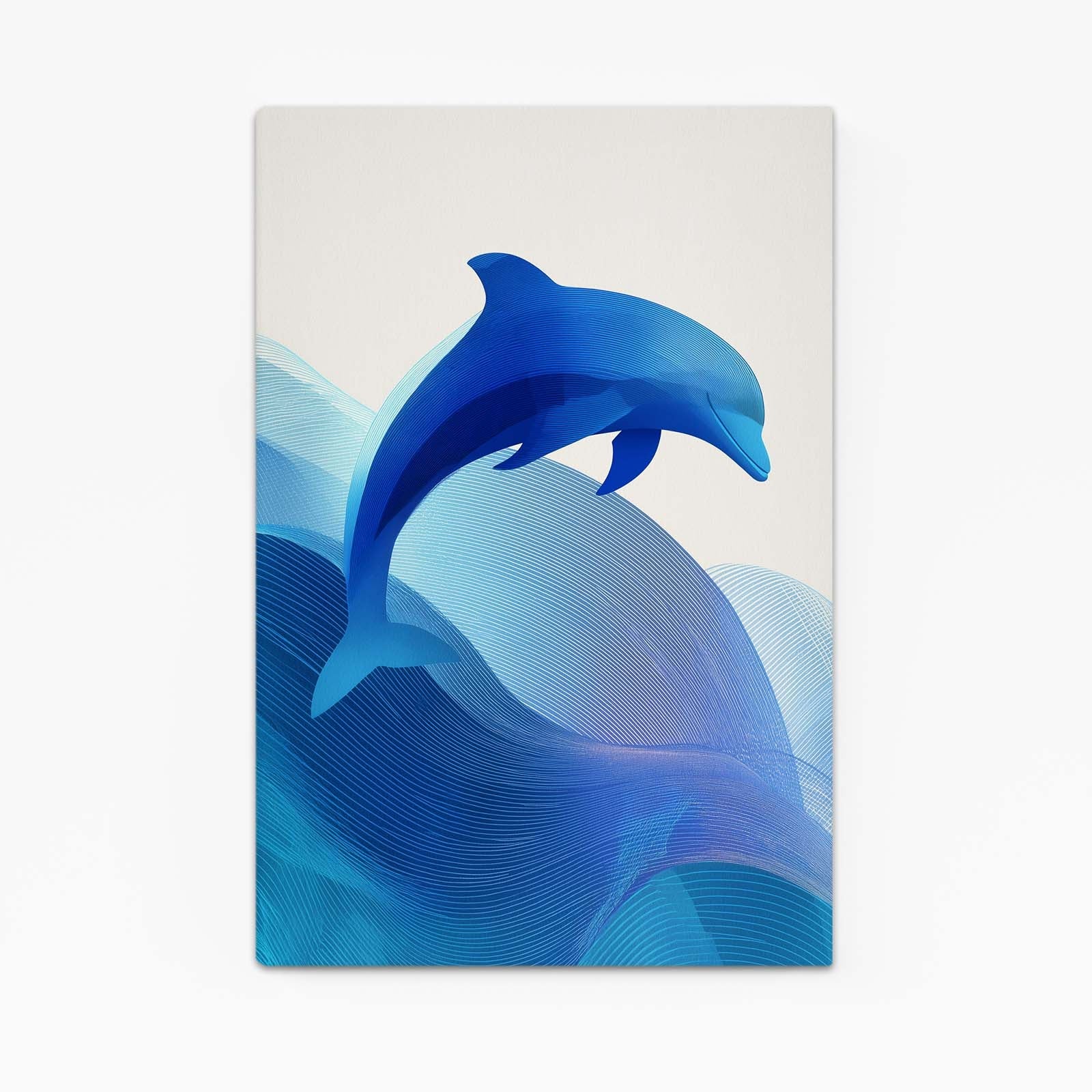 Scandi Wave Dolphin Art – flat minimalist blue dolphin leaping over soft layered waves on cream