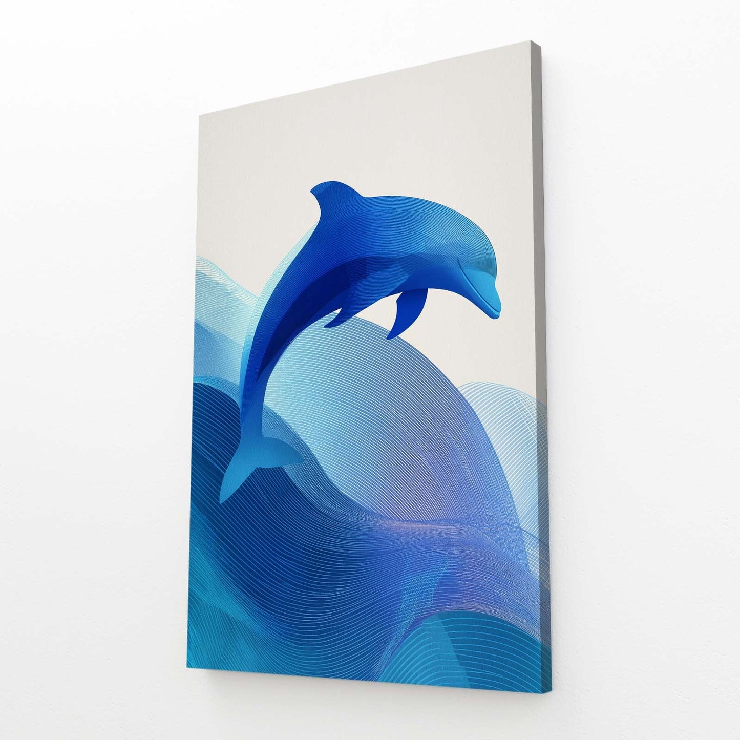 Scandi Wave Dolphin Art – angled canvas view on white background
