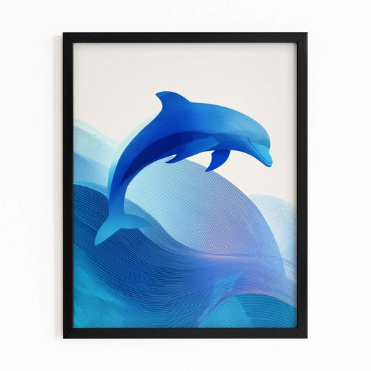 Scandi Wave Dolphin Art – with Premium Black wood frame on white background