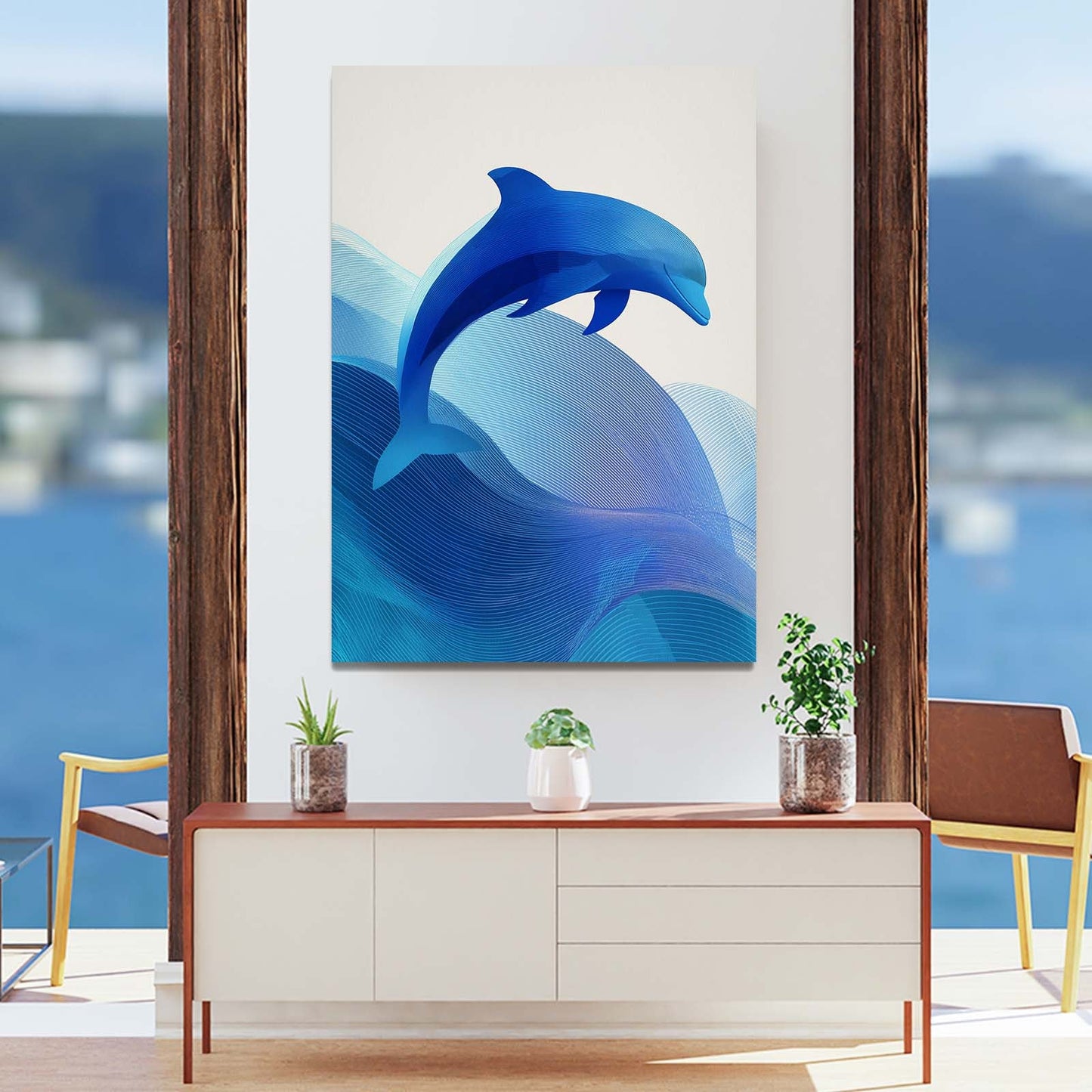 Scandi Wave Dolphin Art – styled in a furnished interior