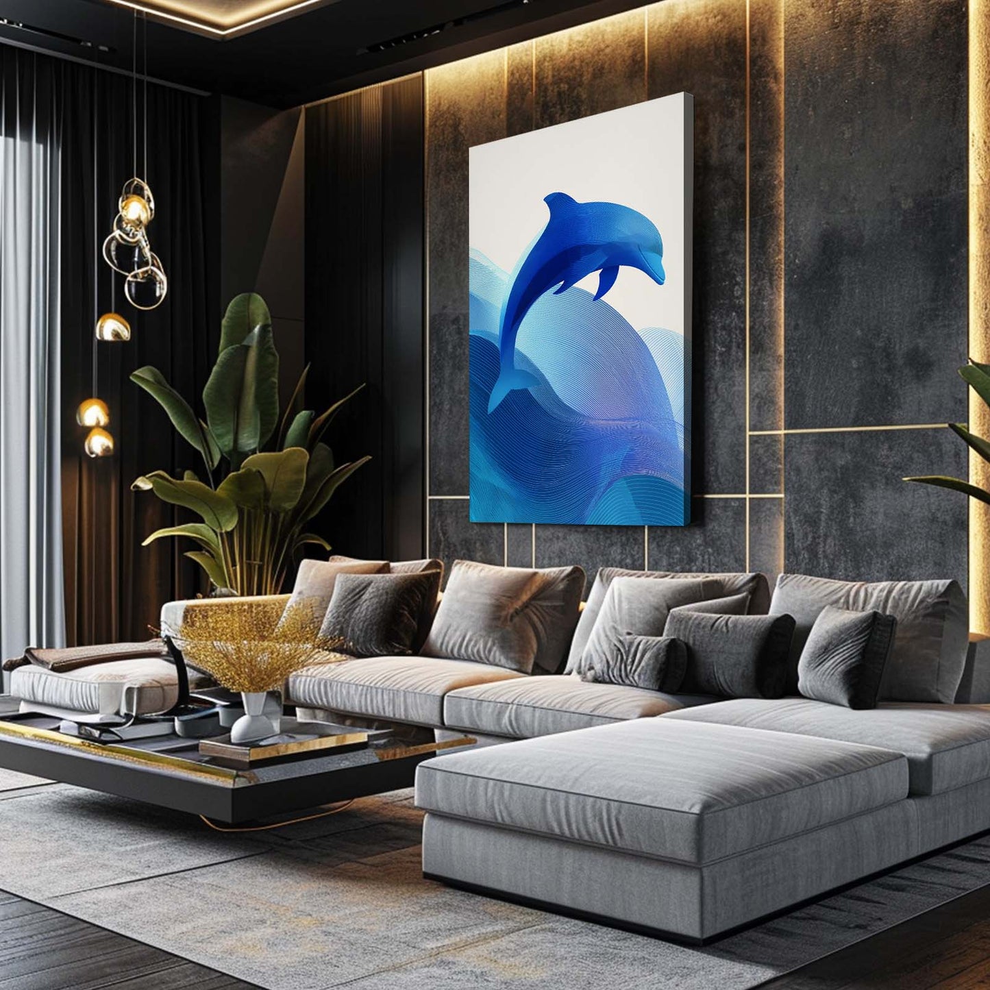 Scandi Wave Dolphin Art – styled in a furnished interior
