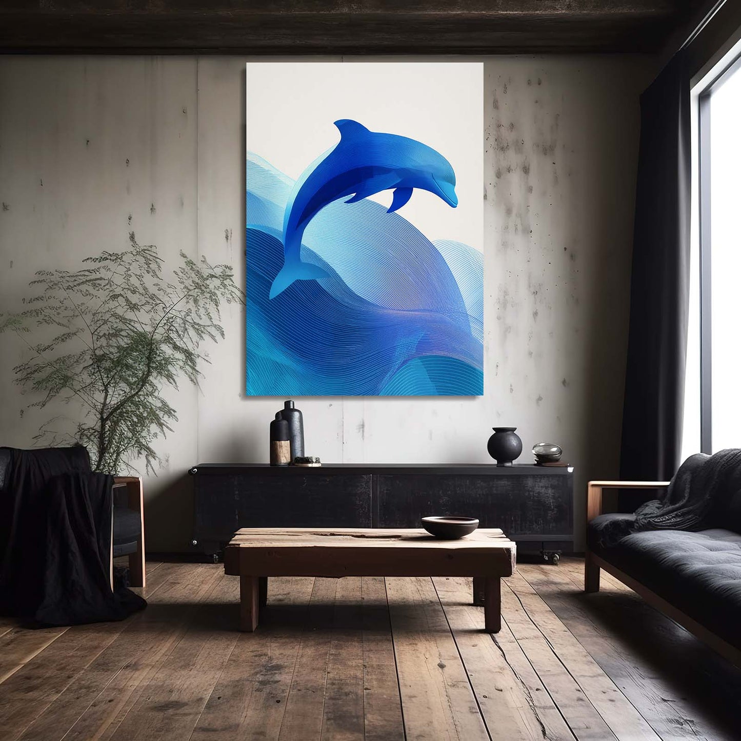 Scandi Wave Dolphin Art – styled in a furnished interior
